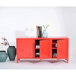 HOUSE IN BOX.COM Armoire de Rangement en Métal Mordern Industriel Salon Meuble TV Buffet de Classement 120cm 3 Portes Supporter (Rouge)