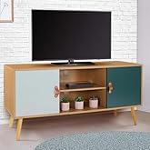 IDMARKET Meuble TV 113 cm vintage NOEMI pied épingle bois portes noires - Maison