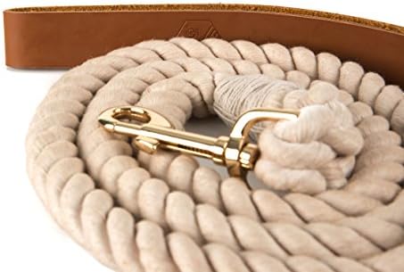 Luxury Rope Dog Lead with Padded Leather Handle | Strong, thick &amp; long length for training | Quality hand-woven soft cotton shock absorber stops pulling | Leash for puppy, small or medium pet | Strong rose gold clip | Colours available | Rustic Tan