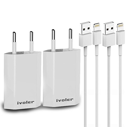 [2 Pack] iVoler Super Mini Caricatore da Muro (1A) con Cavo USB (1m) per Ricarica e Trasferimento Dati per iPhone X, 8, 8 Plus, 7, 7 Plus, 6s Plus, 6s, 6 Plus, 6, SE, 5s, 5c, 5, iPad mini / Air,iPod Nano / Touch, Ultra Compatto Caricabatterie USB Alimentatore Caricatore da Parete per iPhone, iPad, Samsung Galaxy, Huawei,ASUS, LG, HTC, Sony,Motorola,Tablet, Smartphone e gli altri dispositivi USB. - Bianco
