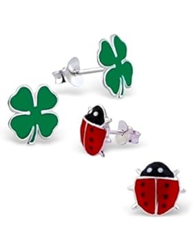 GH1a 2 PAAR Kleeblatt + Marienkäfer Ohrstecker 925 Echt Silber Ohrringe Glücksbringer