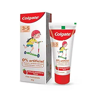 Colgate Toothpaste for Kids (3-5 years), Natural Strawberry Flavour - 80 gr Tube,Cavity Protection,0% artificial preservatives, colors , sweetners