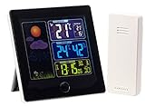 Funk-Wetterstation FWS-260 mit Funk-Uhr, Wecker, Kalender • Temperatur-Messbereich: innen 0 bis +50 °C, außen -20 bis +60 °C, wahlweise in °C / °F • Gleichzeitige Anzeige von Innen- und Außentemperatur, Uhrzeit, Raum-Luftfeuchtigkeit, Wettertrend-Anzeige (sonnig, leicht bewölkt, bewölkt, regnerisch), Maximal- und Minimaltemperatur • Wecker mit Schlummer-Funktion (Snooze manuell einstellbar) • Bedienelemente auf der Rückseite