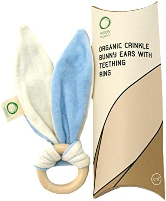 Wooly Organic Crinkle Bunny Ears with Natural Maple Wood Teething Ring (Blue)