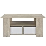  [en.casa] Mesa de centro (90 x 50 x 41 cm) chapeada (roble) con cajas para almacenar (blancas - efecto lino) con balda y espacio de almacenamiento