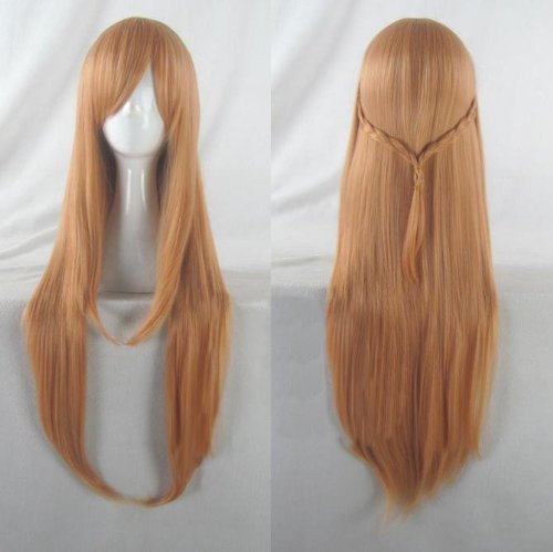 Japanese Anime Wigs @ Sword Art Online Asuna 80cm Light Brown Long Straight with Non Removable Braid Pigtail + Wigs Cap + Anti-dust Plug Stopper