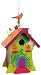 Produktbild Vogelhaus "Hawaii" aus bunt lackiertem Holz, stabil und wetterfest, schöne Gartendekoration mit farbenfrohen Metallelementen auf dem First, Acrylperle an der Aufhängeschnur und kleiner Öffnung mit schwenkbarem Verschluss zum Beobachten der Vögel