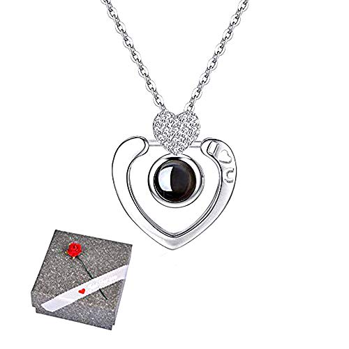Amaza Argento sterling S925 100 Lingue Ti Amo Collana con Elegante Scatola di Gioielli - Ciondolo Ti Amo 100 Lingue per San Valentino (Heart In Silver)