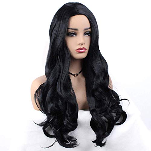 ZANA Longues perruques noires ondulées synthétiques pour femmes, perruques bouclées pour dames, perruques naturelle de cheveux noir résistantes à la chaleur, 60cm