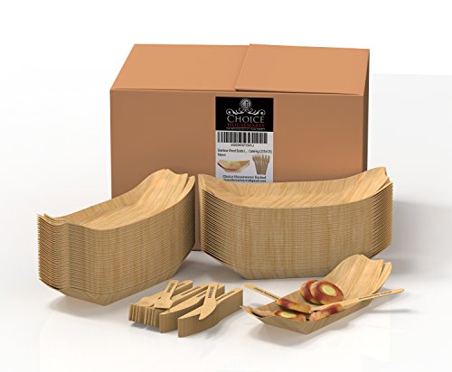 Bamboo Wood Boats Large x 50 with Biogradable Wood Forks and Knifes x 50 225 x 125 mm Perfect for party food snacks nibbles canape Eco friendly and Disposable for Home and Catering (225x125)