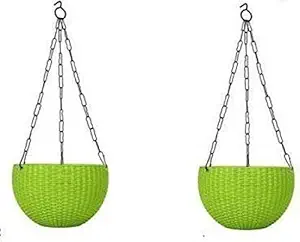 HOMIFY Woven Design Hanging Euro Basket Planters Indoor Outdoor Hanging Flower Plant Pot with Hanging Chain (Pack of 2) Plant Container Plant Container Set (Pack of 2, Plastic)