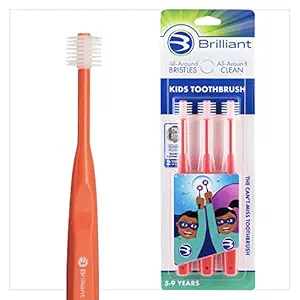 Brilliant Kids Toothbrush Ages 5-9 Years - When Adult Teeth Appear - BPA Free Super-Fine Micro Bristles Clean All-Around Mouth, Kids Love Them, Red, 3 Count