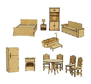 stonkraft wooden miniature furniture - home decor, construction toy, modeling kit, school project - easy to assemble (extended furniture)-Beige(Pack of 16 Pieces)