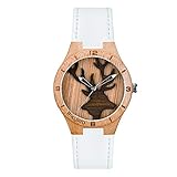 AIKURIO Damen Holzuhren Analog Quarz mit Lederband und 3D Gravur Muster AKR012 (Rentiermuster)