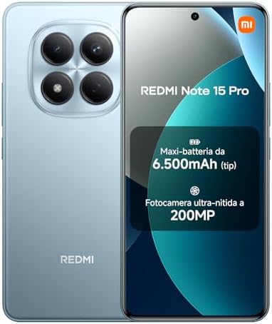 Xiaomi Redmi Note 15 Pro, Smartphone 12+512GB, Batteria massiccia da 6500 mAh, Fotocamera 200 MP, Resistenza IP65, Display AMOLED FHD+ da 6,77", Blu Ghiacciaio, Garanzia 2 anni, Caricatore non incluso