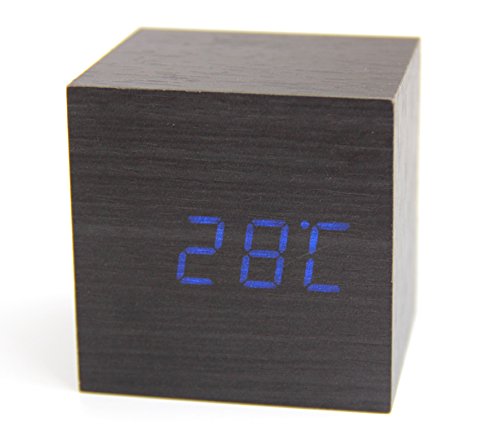 RayLineDo® Neueste Design Mode Black Wood Cube Mini blaue LED Holz Digital Wecker -Time Temperatur Datumsanzeige – Stimme und Berührung aktiviert - 2