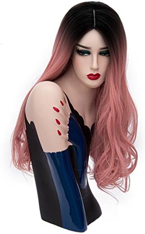 Priomix 65CM Long Synthetic Black Roots Ombre Curly Wavy Christmas Halloween Anime Cosplay Party Costumes Wigs for Women +Free Wig Cap (Ombre Foggy Pink)