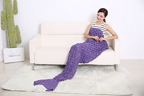 Aiqi Schlafsack / Decke in Meerjungfrau-Flossenform, warm und weich, Häkel-Handarbeit, zum Kuscheln, Fleece, ideale Geschenkidee, für Familienmitglieder oder Freunde, violett, M - 2