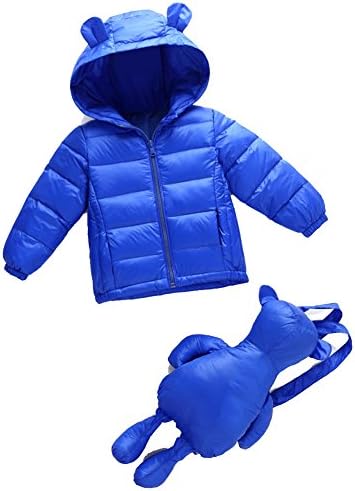 Poliking Unisex Kids Winter Warm Solid Color Soft Down Jacket Hoodie With Little Bear Backpag (Navy, XL(7-8Y))