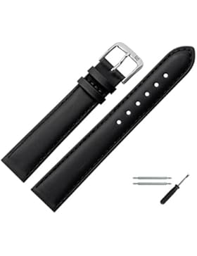 Uhrenarmband 18mm Leder schwarz glatt, glänzend, mit Naht - MADE IN GER - erstklassiges Lederarmband für Uhren...