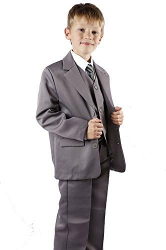 Kids 5 Piece Suit Grey Formal Wedding Party Shirt Tie Blazer Trouser (12 yrs, silver grey)