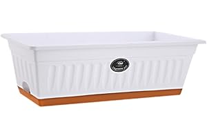KESOTO Flower Window Box Vegetable Planter, Windowsill Pot With Drainage Holes & Tray, Rectangle Plant Pot, Window Box Planter, Plastic Plant Trough for Patio, Garden Home Decor, Pale, White