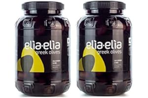 HELLENIKOS Spar-Set 2 x 1 KG griechische Kalamata Oliven Extra Jumbo - Chalkidiki schwarze Oliven im PET-Fass je 1000 g aus Griechenland + 10 ml Probiersachet Olivenöl aus Kreta