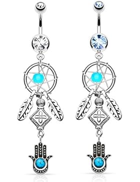 Paula & Fritz® Bauchnabelpiercing aus Edelstahl Chirurgenstahl 316L Anhänger Traumfänger mit gewebtem Stern mit...