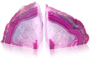 BRITISH FOSSILS Pink Agate Bookends – Crystal Geode Stone Slice Pair – Bold Decorative Book Ends for Stylish Shelf Display