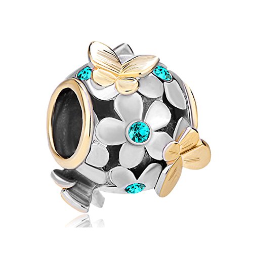Uniqueen - Ciondolo a sfera con farfalle, fiori e perline di cristallo, compatibile con braccialetti Pandora, rame, cod. DPC_FA323_X01