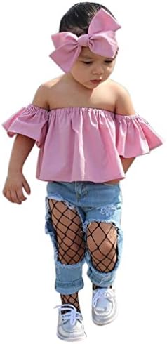 Toddler Kids Baby Girl ❤NINGSANJIN❤ Off Shoulder Ruffle T-Shirt Tops Summer Clothes Outfits w Headband (Size:5~6years old)