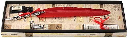 Red Feather Quill, Ink & Pewter Pen Holder Set by Coles Calligraphy