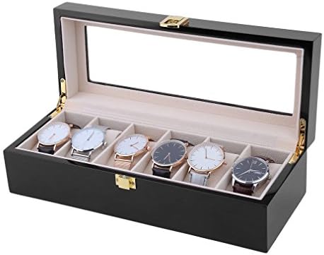 6 Grid Wooden Watch Box Glass Screen Case Storage Display Jewelery Gift Organiser for man-black