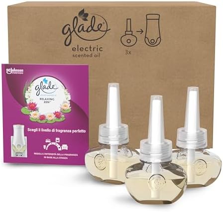 Glade liquido elettrico Profumatore per Ambienti con Olii Essenziali, Fragranza Relaxing Zen, 3 Ricariche