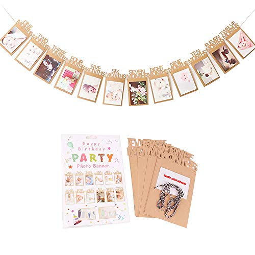 UNHO 1-12 Mois Banderole de Photo Pour Bébé Guirlande Bunting Bannière Photo en Cartonné Kraft Épaissi Décoration Pour 1er Anniversaire de Bébé