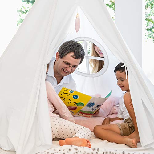 Hippococo Tente Tipi pour Enfants: Grande Maison de Jeu Pliable à 5 poteaux Solides intérieure extérieure, Toile Blanche, Tapis de Sol, Accessoire cœur Rose, eBook de Bricolage Amusant Inclus (Rose)