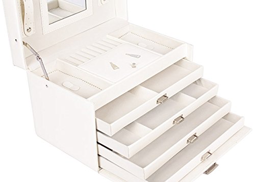 Schmuckkästchen Schmuckschatulle Schmuckkasten Schmuckbox Schmuckkoffer Schmuck 4 Fächer Lederoptik weiß rot oder schwarz - 3
