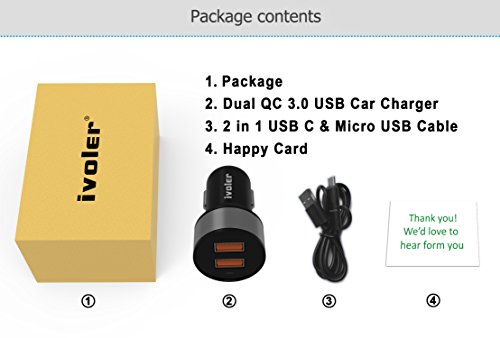iVoler Quick Charge 3 0 Chargeur de Voiture 36W 2 Ports USB Chargeur Allume Cigare  2 QC 3 0 Port  avec 2 en 1 C  ble Micro USB   Type C  1m  pour Sam