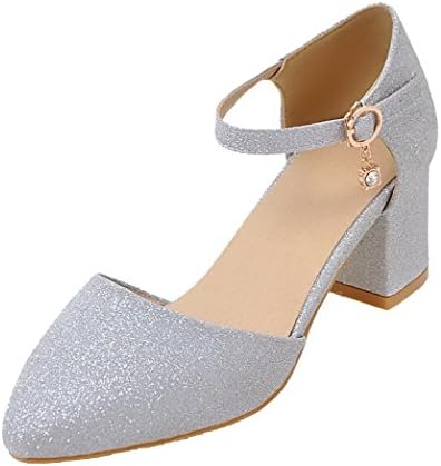 AgeeMi Shoes Women Solid Buckle Kitten-Heels Pointed-Toe Sequins Pumps-Shoes,EuD82 Silver 41