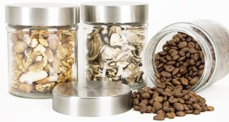 SET OF 3 GLASS CANISTERS / JARS WITH STEEL LIDS FOR KITCHEN STORAGE