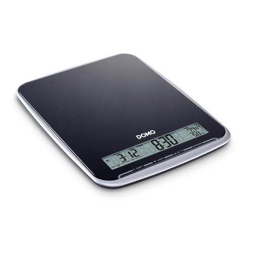 Multifunktionale digitale Küchenwaage bis 10 KG, 10000g/1g mit Uhrzeit, Wecker, Kalender, Temperatur und Luftfeuchtigkeit (schwarz)