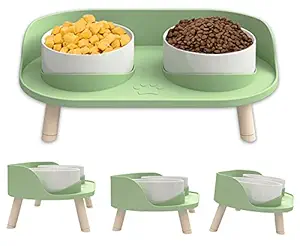 Raised Dog Cat Food Bowls, Elevated Ceramics Dog Cat Water Bowls Stand, 3 Adjustable Heights Anti Vomiting cat Bowl with No-Spill Design, 5 inches Bowl for Medium and Small Size Dog Cats (Emerald)
