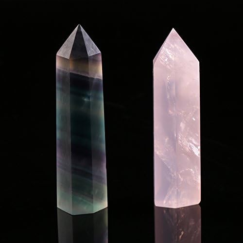 Primemory 2 PCS Natural Fluorite | Rose Quartz | Crystal Wand Point Crystal Therapy Gemstone Healing Prism Stones about 2-2.8inchs