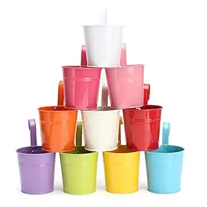 CINAGRO - Galvanized Metal Hanging Round Railing Planter Set of 10pcs (Multi Colour - with Drainage Holes)