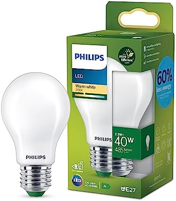 Philips LED Lampadina Goccia Vetro Smerigliato Classe A Ultra Efficiente, 40W, E27, Luce Bianca Calda