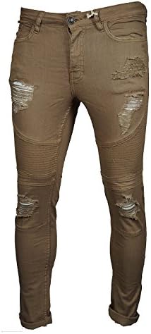 LCJ Denim Mens Biker Ripped Washed Stone Super Skinny Fit Stretch Jeans