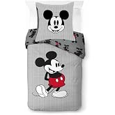 Disney Mickey Mouse Striped Bed Set with Duvet Cover for Single Bed, Plush Cotton, Includes One Pillowcase 80 x 80 cm