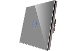 CNBINGO Single Light Switch Gris, Touch Switch, panel de vidrio del sistema táctil y LED de estado, no se requiere un conductor neutral, interruptor de 1 bandas de 1 vía, AC 240 V, 500 W/bandas de