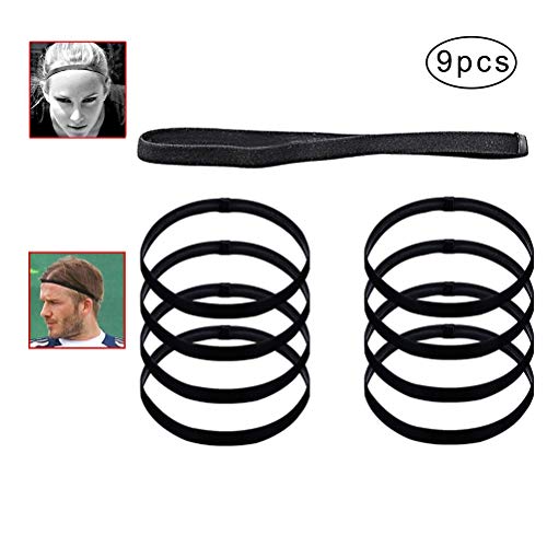 Gagawin Bandeaux Cheveux de Sport, Bandeau Élastique Cheveux Headband Unisexe Antidérapant Tennis Yoga Golf Football pour Homme Femme (9 pcs, Noir)
