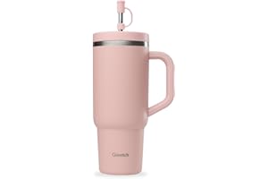 QWETCH - Travel Cup 900ml avec Paille & Anse - 48h Glacé / 12h Froid - Gourde Isotherme Inox Recyclé - Mug avec Bouchon à Vis Anti-Éclaboussures - Tasse Thermo - Rose Pastel